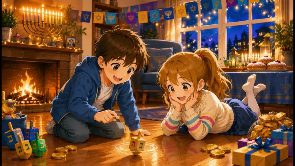 Cover art for the song Dreidel, a child spinning a little top in warm candle light